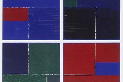 Four abstract paintings of geometric color blocks in blue, red, black and green