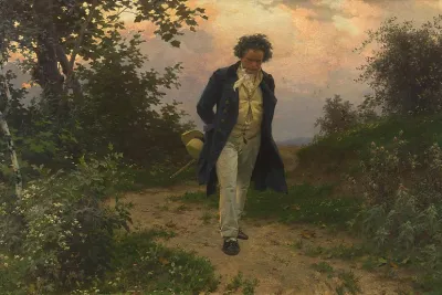 Painting of Beethoven walking alone on a country path at sunset, hat in hand