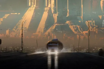 Blade Runner 2049 concept art: a truck on a hazy road toward a vast orange megacity