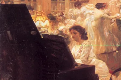 Painting of a woman in white playing piano while women in pale gowns dance behind her