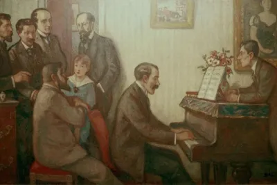 Godebski Reunion of Musicians by Georges d'Espagnat. Schmitt, De Severac, Calvocoressi, Godebski & son, Roussel, Vines (at piano), Ravel.