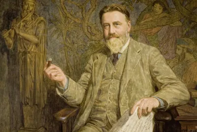 Painted portrait of Granville Bantock seated with sheet music, a flute-playing statue behind him