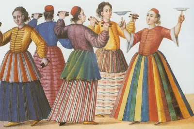 Ottoman painting of male dancers in long striped skirts with clappers and spinning plates