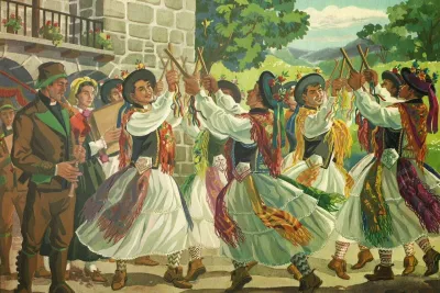 Painting of folk dancers in white skirts and colorful shawls raising sticks beside a piper
