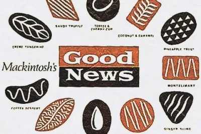Mackintosh's Good News chocolate box art naming sweets such as Savoy Truffle and Creme Tangerine