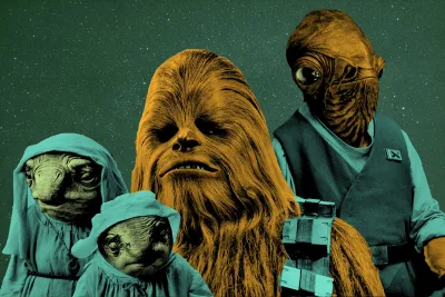Duotone collage of Star Wars characters including Chewbacca and Admiral Ackbar on a starry background