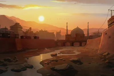Animated still from The Breadwinner: sunset over a dusty city with a mosque and dry riverbed