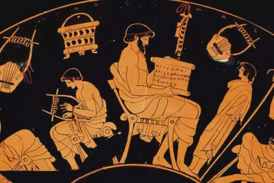 The fifth-century B.C. kylix depicts scenes from educational life