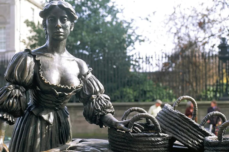 Bronze statue of Molly Malone with her cart of wicker baskets on a Dublin street