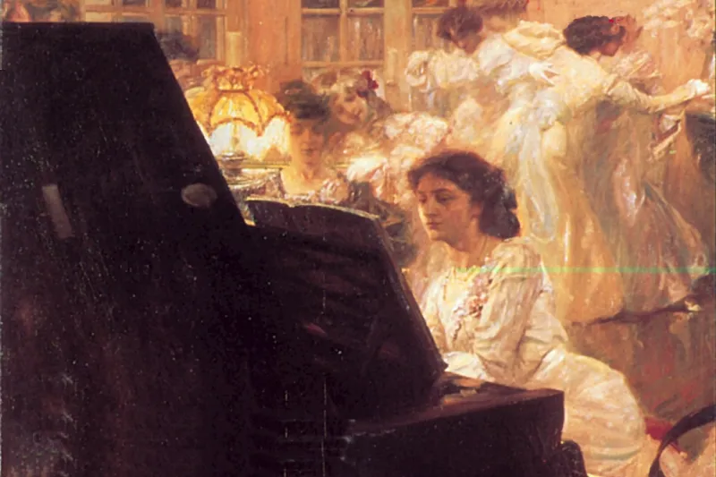 Painting of a woman in white playing piano while women in pale gowns dance behind her