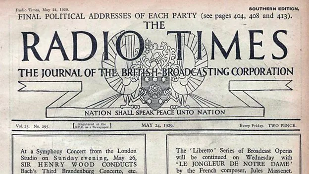 Front page of the BBC's Radio Times of May 24, 1929, with concert listings
