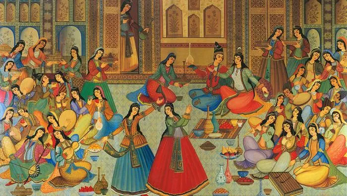 Jabbar-Beik's Persian painting of a banquet with women dancing and playing frame drums and lutes
