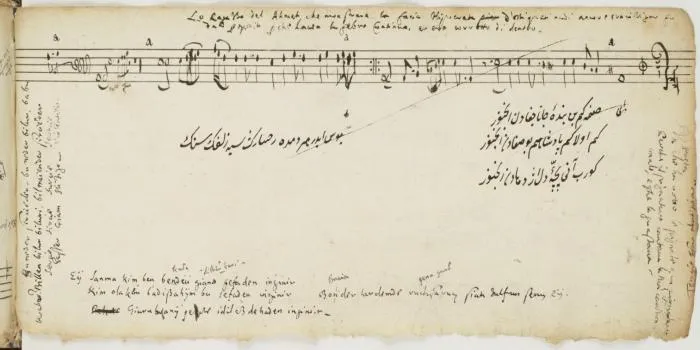 Ali Ufki manuscript page with a melody in staff notation and Ottoman Turkish lyrics