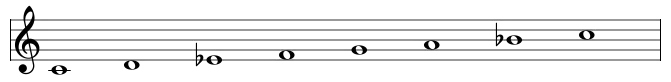 C Dorian scale in staff notation, with E-flat and B-flat