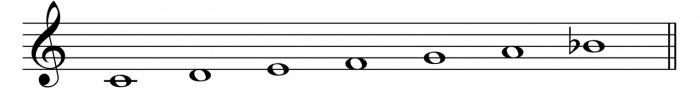 C Mixolydian scale in staff notation, from C up to B-flat