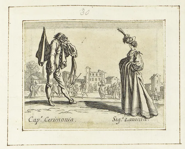 Jacques Callot engraving of the masked Capitano Cerimonia bowing to Signora Lavinia