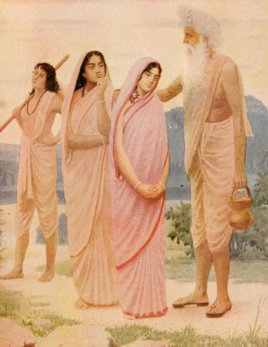Painting of a sorrowful Shakuntala in a pink sari with a white-bearded sage and two companions
