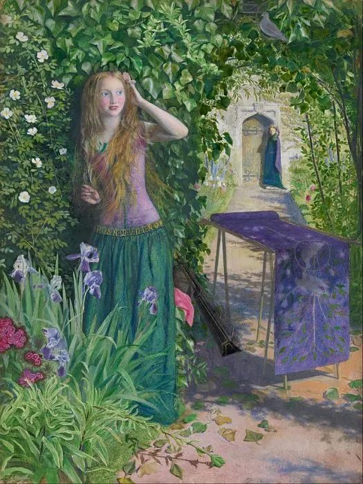 Arthur Hughes's painting Fair Rosamund: a red-haired woman in green in a flowering garden bower