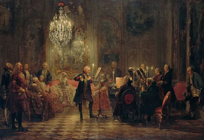 Adolph Menzel's painting of Frederick the Great playing a flute concerto by candlelight at Sanssouci