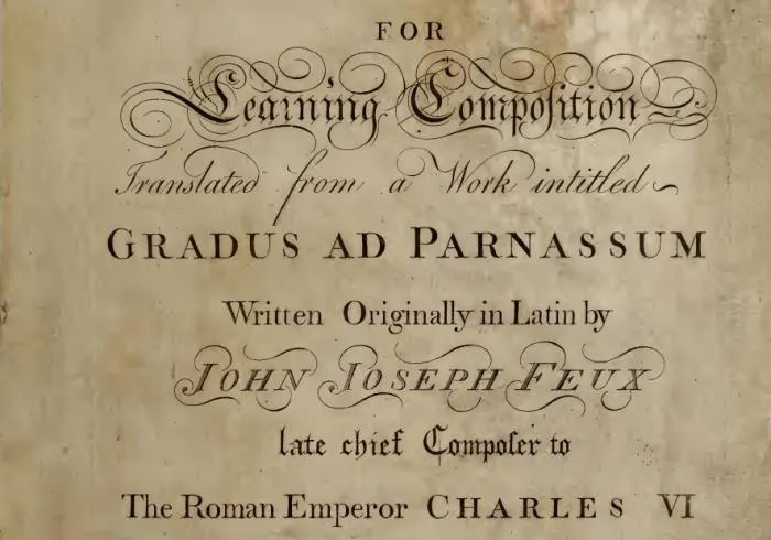 Title page of an English translation of Fux's Gradus ad Parnassum in ornate engraved lettering