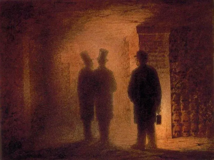 Viktor Hartmann's painting of the Paris Catacombs: three shadowy figures with a lantern