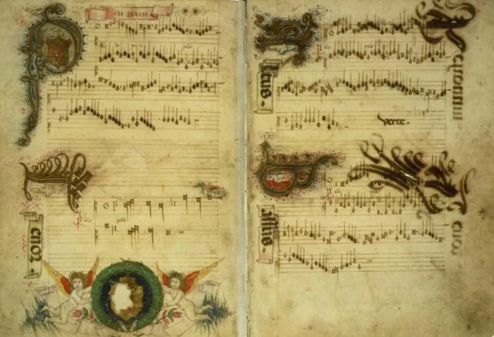 Illuminated Renaissance choirbook pages of Heinrich Isaac's Palle, palle with ornate initials