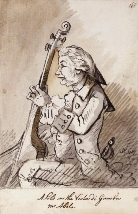 John Nixon's sketch of Karl Friedrich Abel playing a solo on the viola da gamba