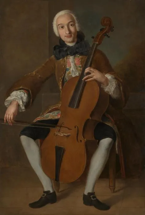 Painted portrait of a young Luigi Boccherini in a powdered wig playing the cello