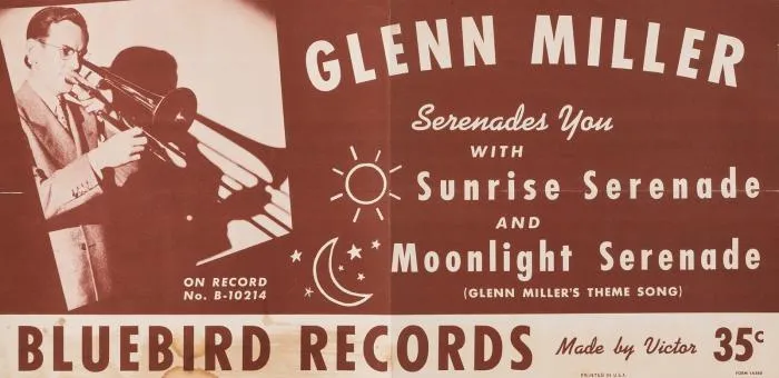 Bluebird Records poster for Glenn Miller's Sunrise Serenade and Moonlight Serenade with trombone photo