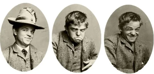 Three oval vintage portraits of young Carl Nielsen pulling faces, one in a straw hat