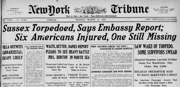 New-York Tribune front page of March 27, 1916, reporting the Sussex torpedoing and Granados missing