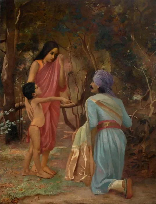 Painting of Shakuntala and young Bharata in a forest with King Dushyanta kneeling before them