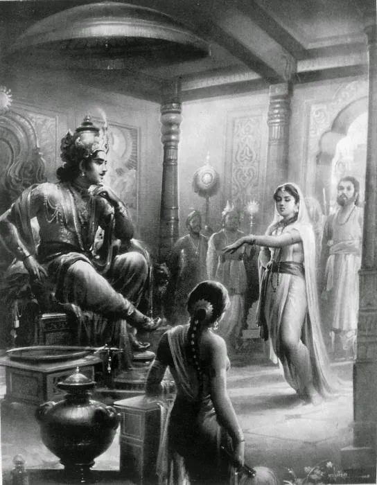 Monochrome painting of Shakuntala gesturing before King Dushyanta seated on his palace throne