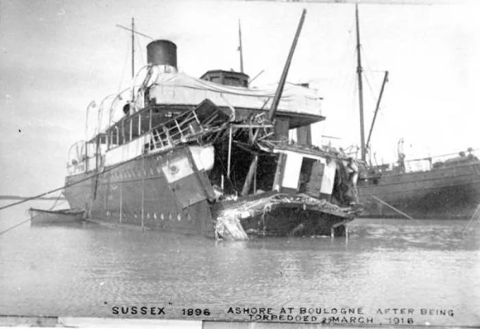 The torpedoed ferry Sussex with its bow blown away, ashore at Boulogne in March 1916