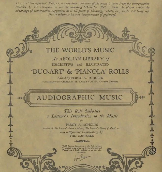 Title text at the start of an Aeolian Duo-Art audiographic piano roll by Percy Scholes