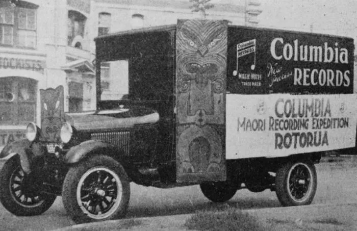 Vintage truck decorated with Māori carvings for the Columbia Records recording expedition to Rotorua