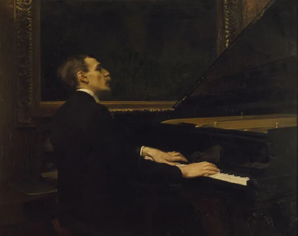 Robert Thegerström's painting of Wilhelm Stenhammar in profile playing a grand piano