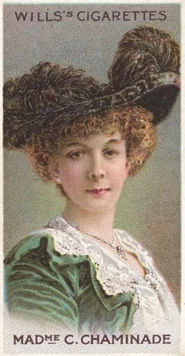 Wills's Cigarettes card portrait of Madame Cécile Chaminade in a feathered hat
