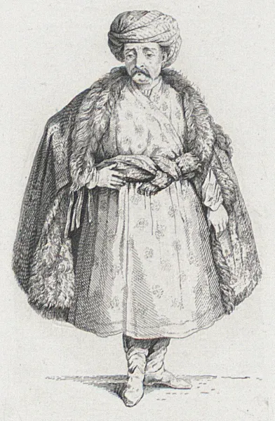 Engraving by Antoni Oleszczyński of Wojciech Bobowski in a turban and fur-lined robe
