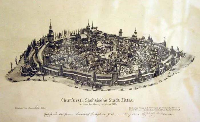 Bird's-eye lithograph of the walled Saxon town of Zittau before its destruction in 1757