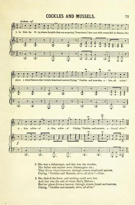 Sheet music page of Cockles and Mussels from an 1876 song collection
