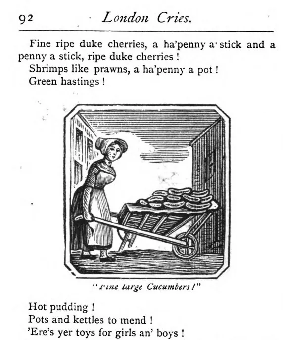 Page from the 1888 book London Cries with an engraving of a woman pushing a barrow