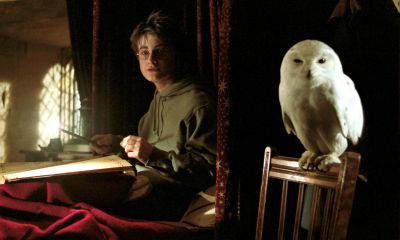 Daniel Radcliffe as Harry Potter with his owl Hedwig

