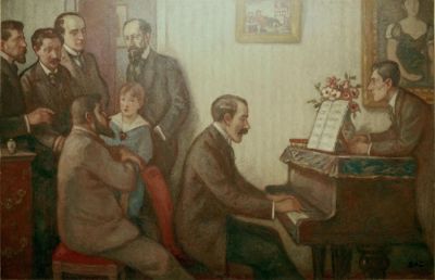 Godebski Reunion of Musicians by Georges d'Espagnat. Schmitt, De Severac, 
Calvocoressi, Godebski & son, Roussel, Vines (at piano), Ravel.

